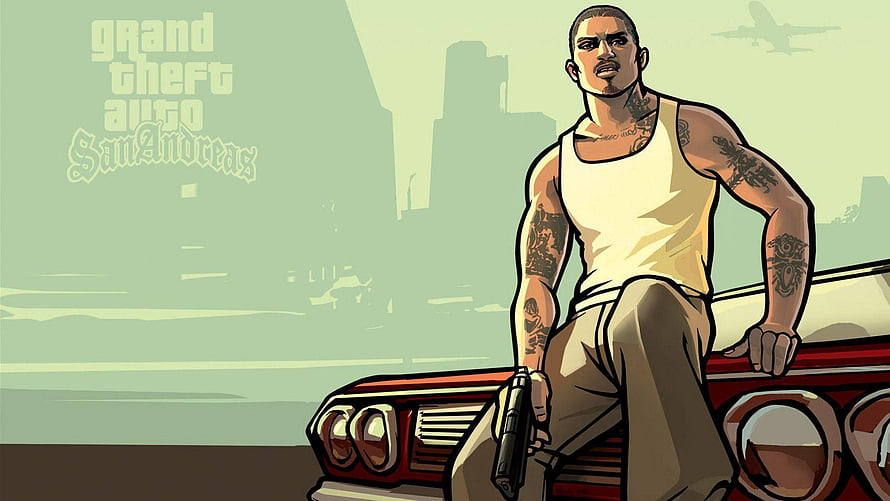 CJ from Grand Theft Auto San Andreas Sitting on a Red Car in Comic Style HD wallpaper