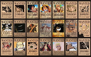 One Piece Wanted Poster Collage Featuring Straw Hat Pirates and World Characters HD wallpaper