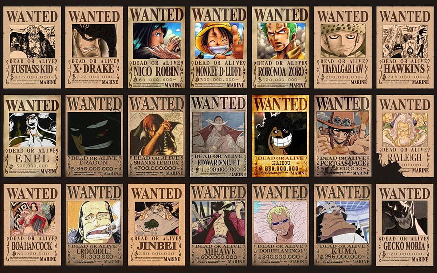 One Piece Wanted Poster Collage Featuring Straw Hat Pirates and World Characters HD wallpaper