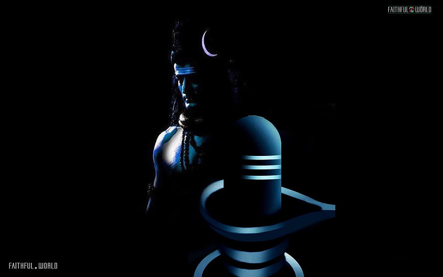 Lord Shiva with Trishula and Crescent Moon in Dark Blue Toned Digital Art HD wallpaper