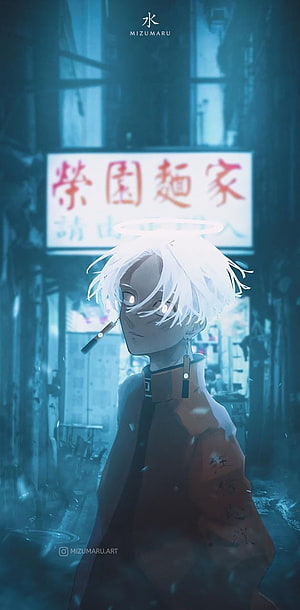 Izana Kurokawa from Tokyo Revengers in a moody neon-lit alley with cigarette and glowing halo HD phone wallpaper