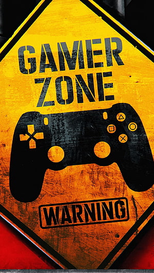Gamer Zone Warning Sign with PlayStation Controller Silhouette on Grungy Yellow Background HD phone wallpaper