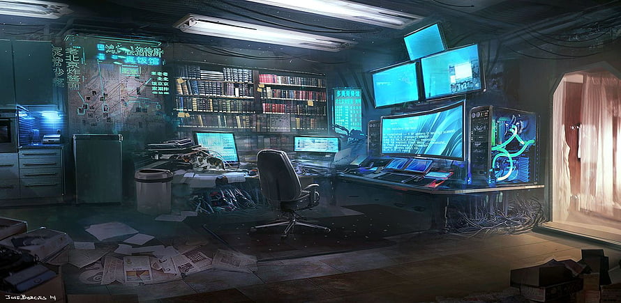 Cyberpunk Hacker Room Concept Art with Neon Monitors and Cluttered Desk HD wallpaper