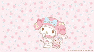 My Melody and Chiffon in Pink Lolita Outfits on Floral Background HD wallpaper