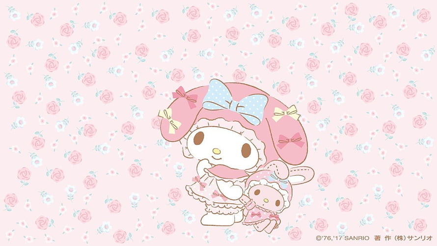 My Melody and Chiffon in Pink Lolita Outfits on Floral Background HD wallpaper