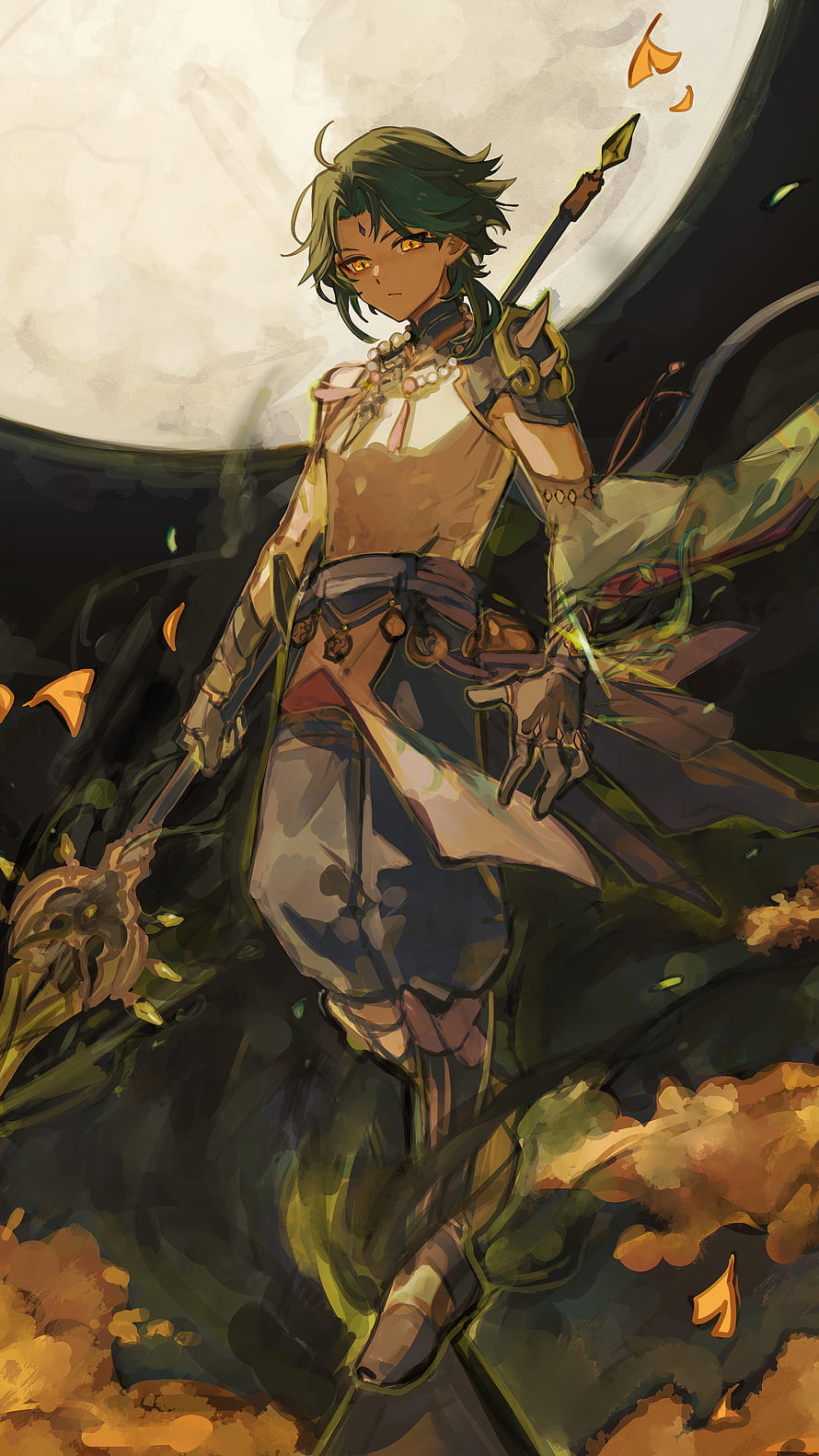 Xiao from Genshin Impact in a dramatic autumn landscape with a large moon and falling leaves HD phone wallpaper