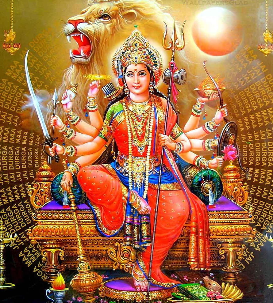 Maa Durga Seated on Lion Throne Holding Trident and Sword in Traditional Indian Art HD phone wallpaper