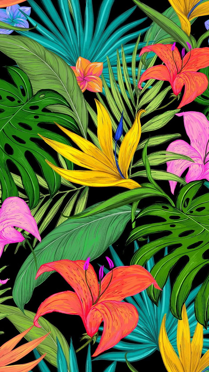 Vibrant Tropical Floral Pattern with Bird of Paradise and Lilies on Black Background HD phone wallpaper
