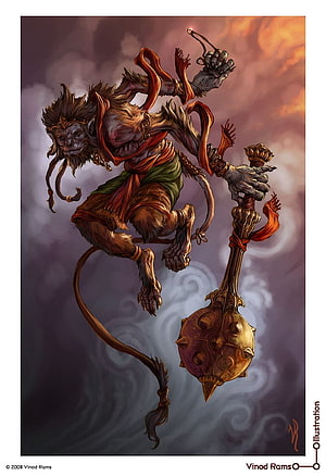 Lord Hanuman Wielding Mace in Dynamic Fantasy Illustration HD phone wallpaper