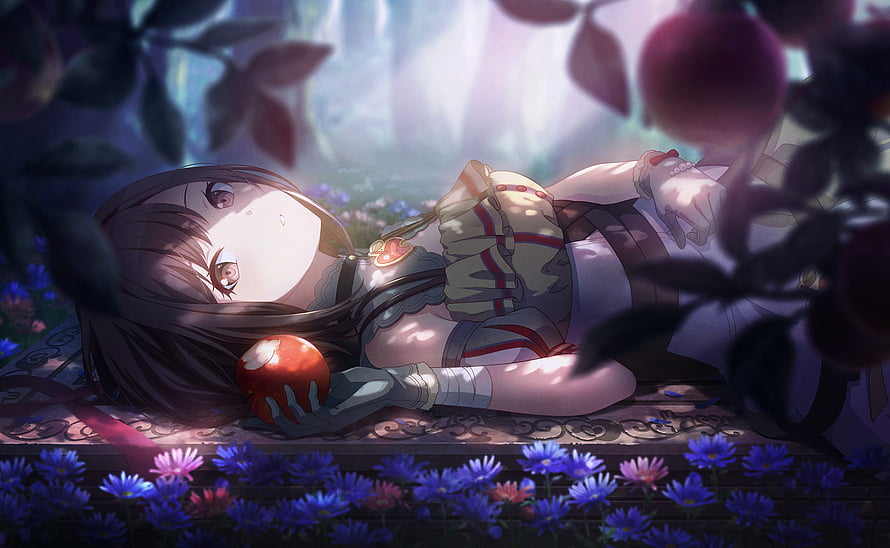 Shinonome Ena from Project Sekai Lying in a Flower Garden Holding an Apple HD wallpaper