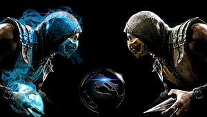 Mortal Kombat 11 Scorpion and Sub-Zero Face-Off with Dragon Emblem HD wallpaper