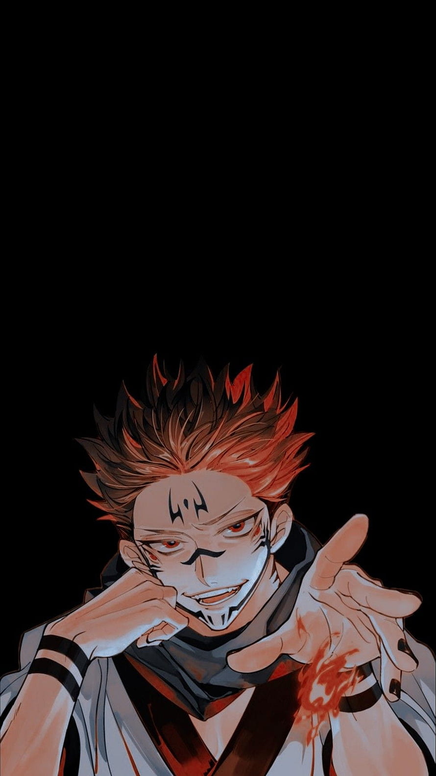 Sukuna from Jujutsu Kaisen with facial markings and red hair on black background HD phone wallpaper