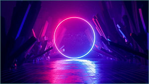 Neon Ring Portal in Crystal Cavern with Reflective Grid Floor and Vibrant Purple Hues HD wallpaper