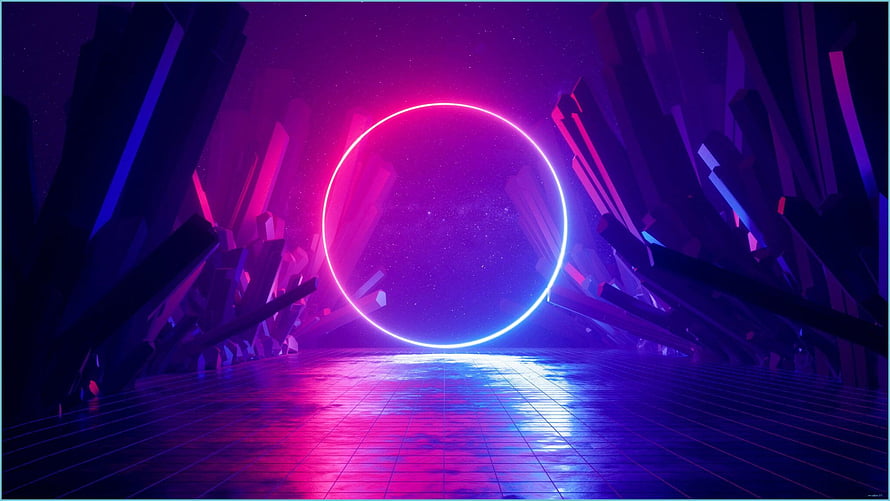 Neon Ring Portal in Crystal Cavern with Reflective Grid Floor and Vibrant Purple Hues HD wallpaper