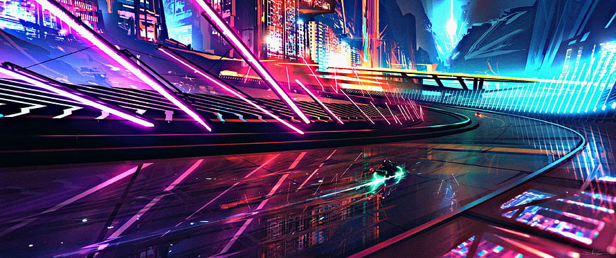 Futuristic Cyberpunk Cityscape with Neon Lights and Reflective Wet Streets HD wallpaper