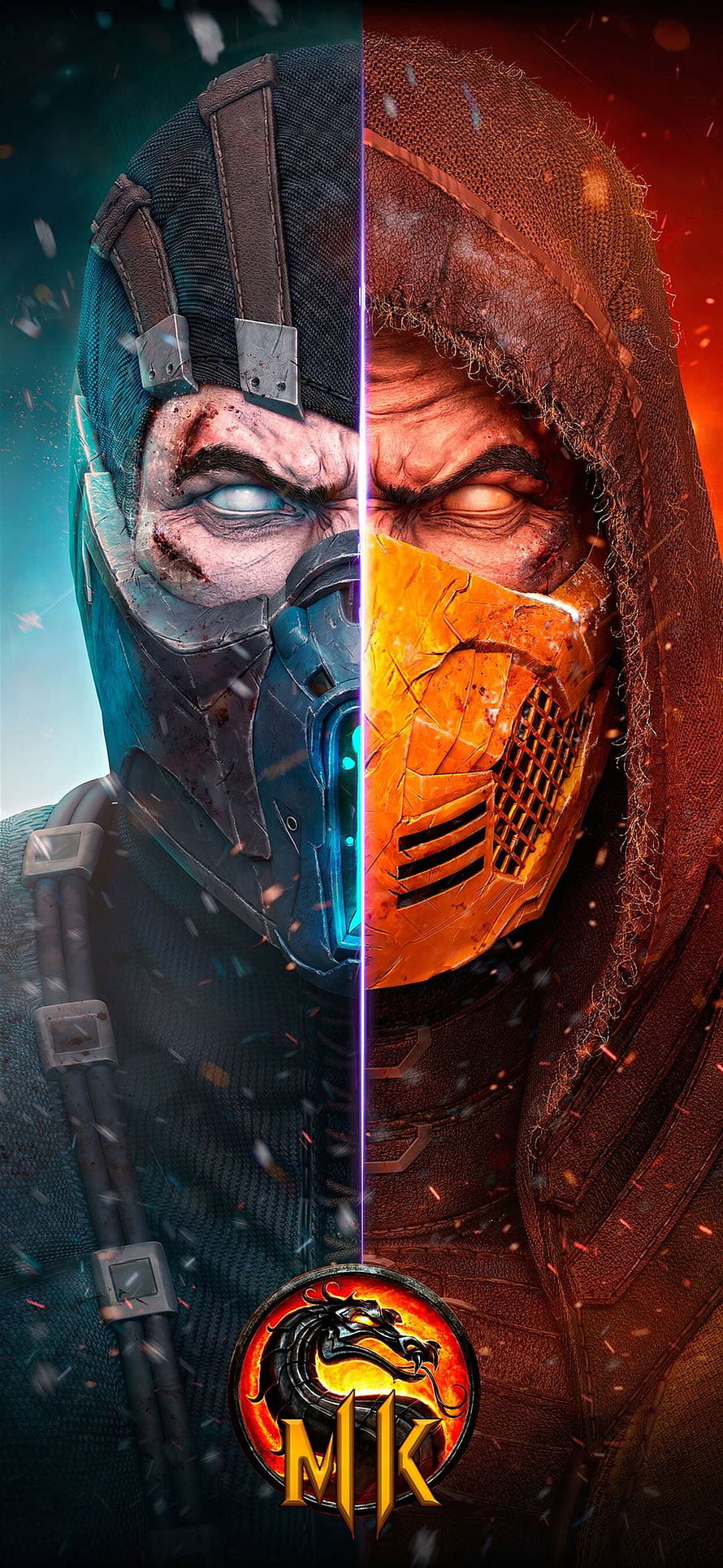 Mortal Kombat 11 Scorpion Split Face Concept Art with Dragon Logo HD phone wallpaper