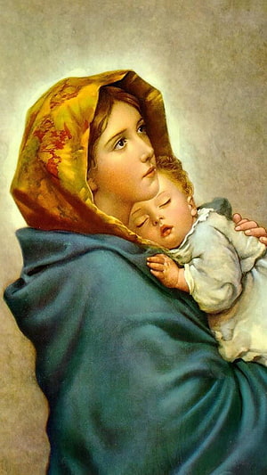 Mother Mary Holding Sleeping Infant in Classic Religious Oil Painting Style HD phone wallpaper