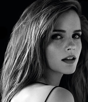 Emma Watson Black and White Portrait with Freckles and Long Hair HD phone wallpaper
