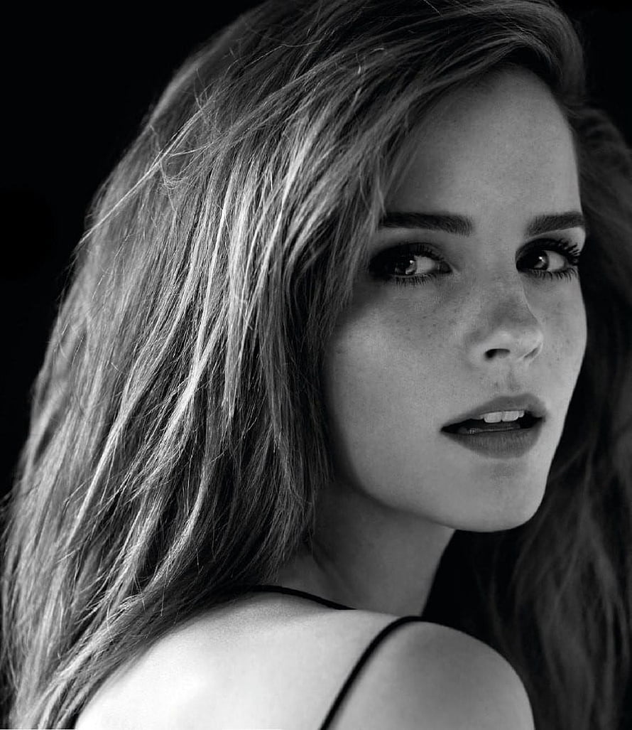 Emma Watson Black and White Portrait with Freckles and Long Hair HD phone wallpaper