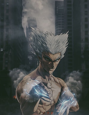 Garou from One Punch Man with glowing energy in a dark cityscape HD phone wallpaper