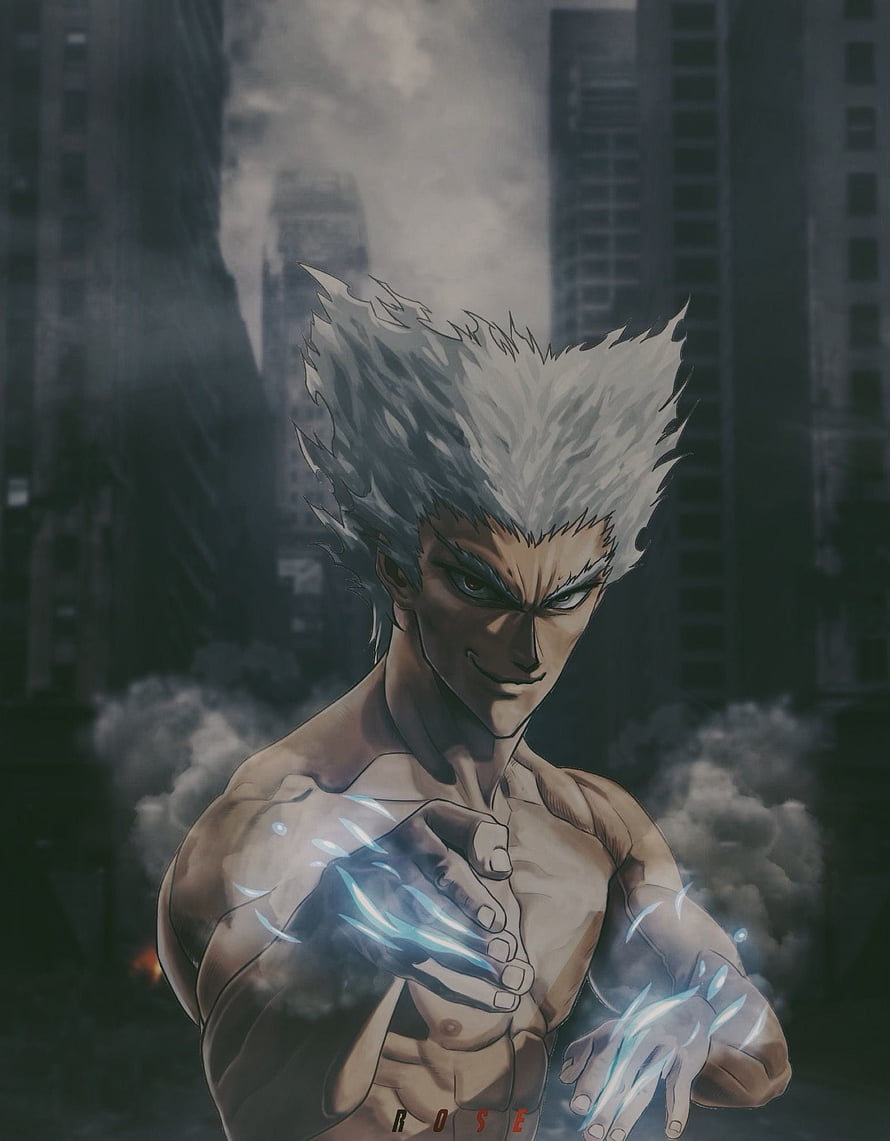 Garou from One Punch Man with glowing energy in a dark cityscape HD phone wallpaper