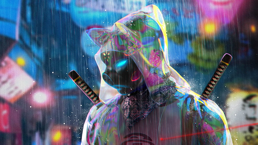 Cyberpunk Samurai in Iridescent Hoodie with Dual Katana in Neon Rain HD wallpaper