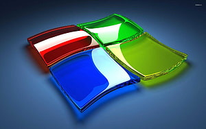 Windows 11 Logo Abstract Glass Tiles in Red Green Blue and Yellow on Dark Blue Background HD wallpaper