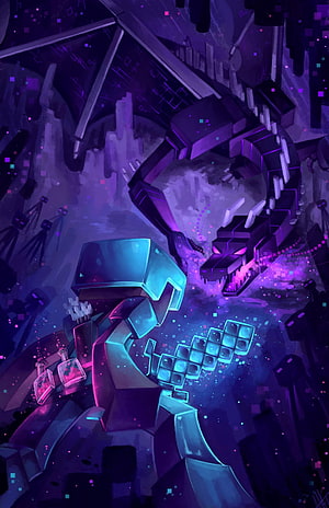 Minecraft End Portal with Ender Dragon and Obsidian Frame in Dark Purple Cavern HD phone wallpaper