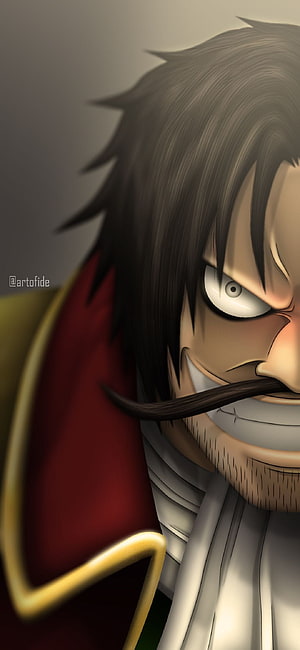Gol D Roger Intense Close-Up Portrait in Red Coat and White Scarf HD phone wallpaper
