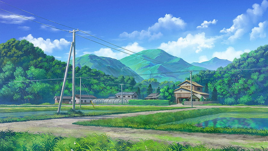 Rengoku Village Landscape in Anime Style with Lush Green Mountains and Rural Farmhouses HD wallpaper