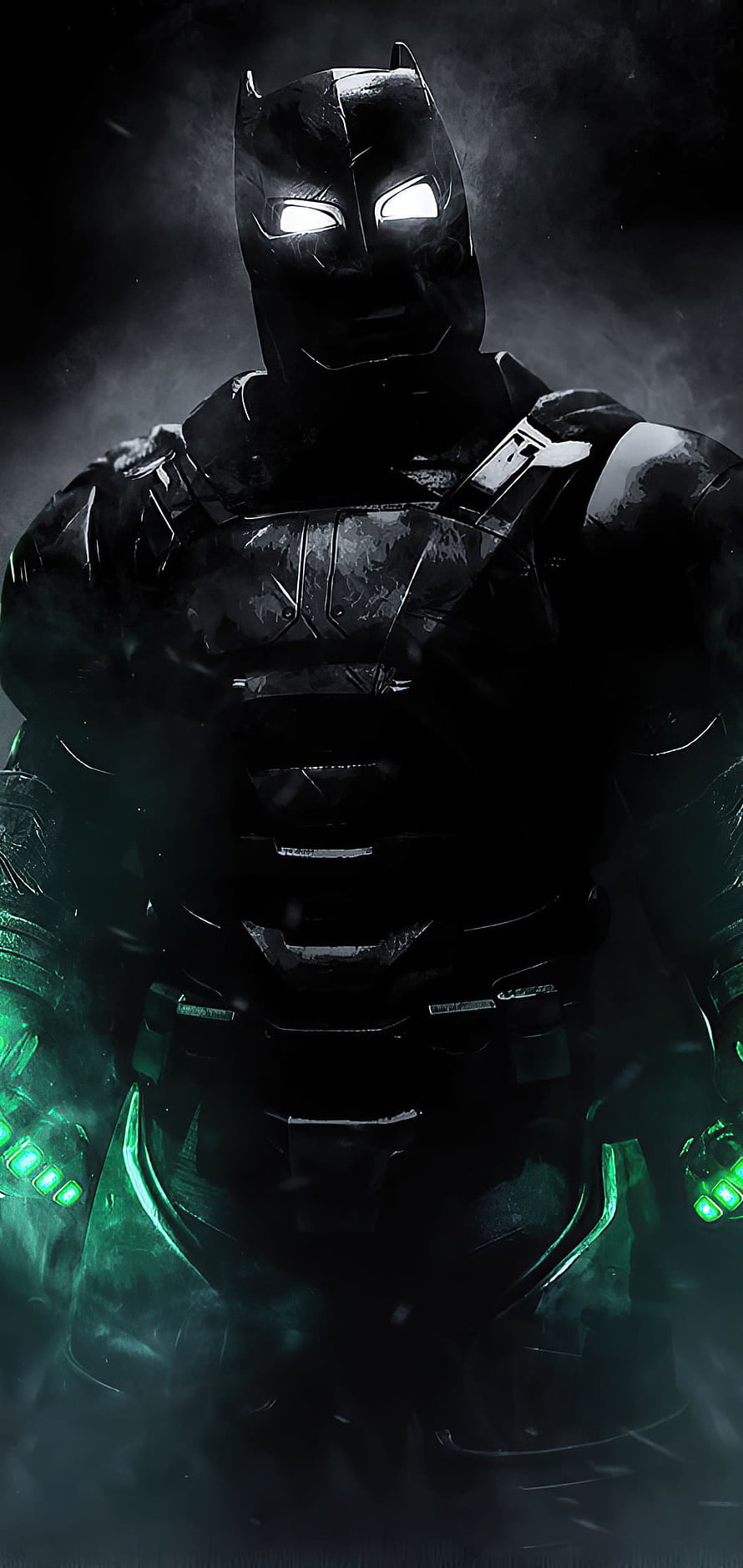 Armored Batman in Dark Tactical Suit with Glowing Green Accents HD phone wallpaper