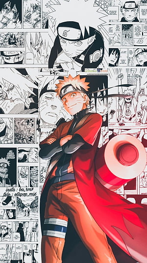 Naruto Uzumaki in Red Cloak with Manga Panels Background HD phone wallpaper