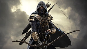 Hooded Archer in Ornate Armor Holding a Longbow Against a Stormy Sky HD wallpaper