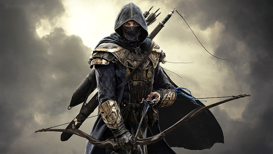 Hooded Archer in Ornate Armor Holding a Longbow Against a Stormy Sky HD wallpaper