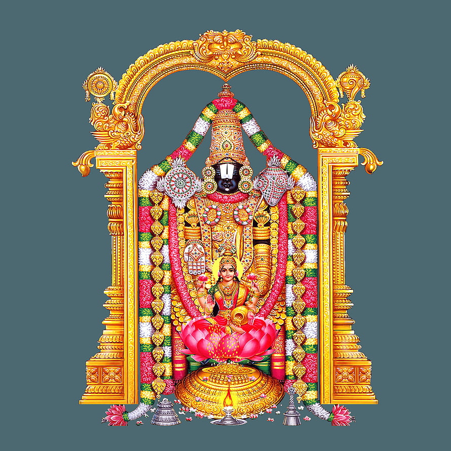 Lord Venkateswara and Goddess Padmavathi Seated on Lotus in Ornate Golden Temple Arch HD phone wallpaper