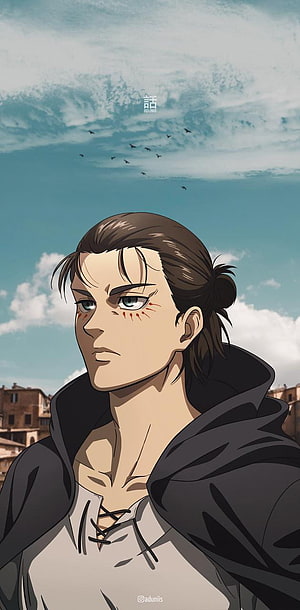 Eren Yeager Anime Portrait with Red Face Markings and Dark Cloak Against a Cloudy Sky HD phone wallpaper