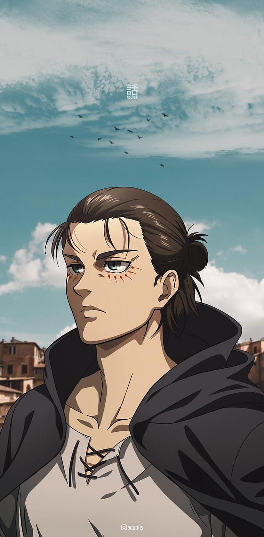 Eren Yeager Anime Portrait with Red Face Markings and Dark Cloak Against a Cloudy Sky HD phone wallpaper