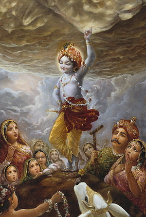 Krishna Lifting Govardhan Hill Amidst Stormy Clouds and Devoted Followers HD phone wallpaper