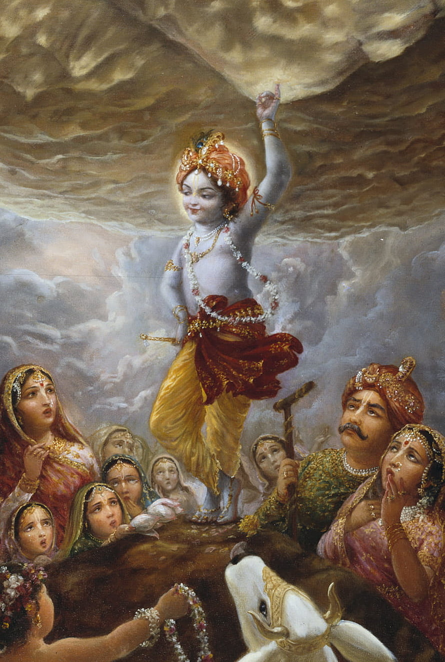 Krishna Lifting Govardhan Hill Amidst Stormy Clouds and Devoted Followers HD phone wallpaper