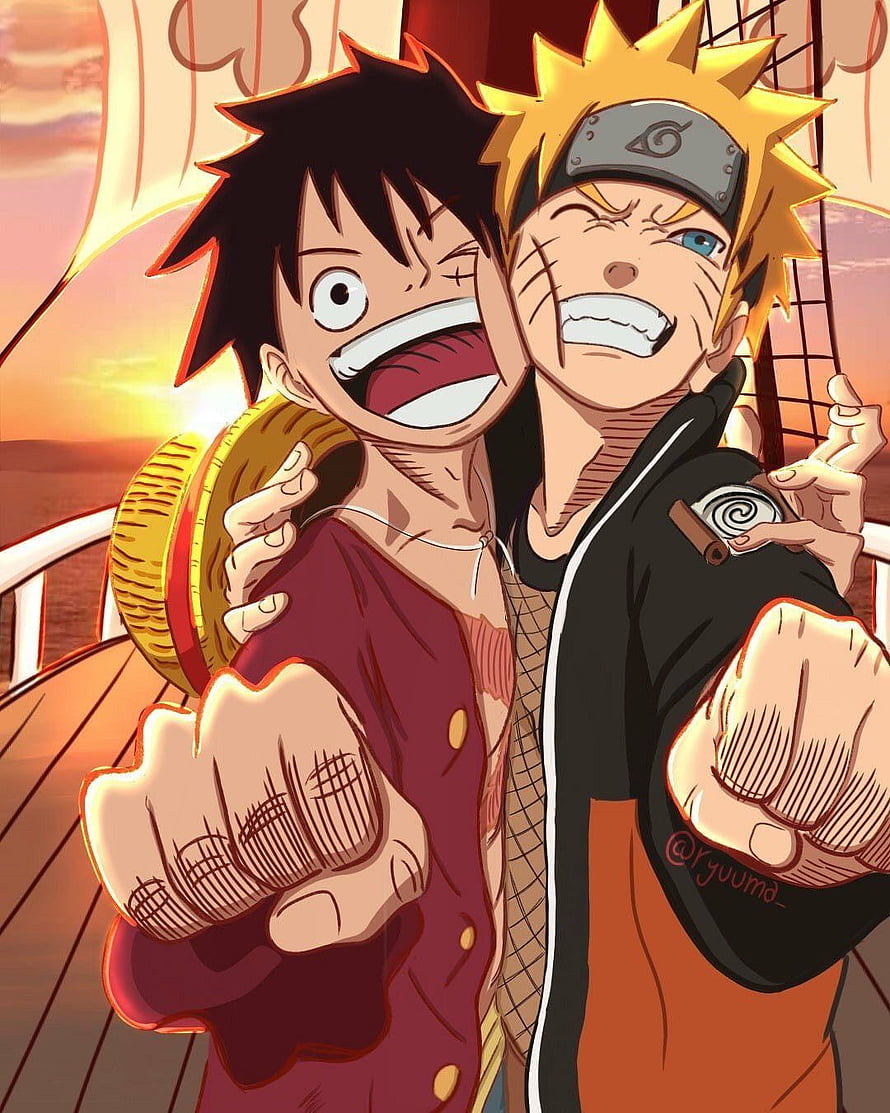 Luffy and Naruto Anime Crossover Illustration on a Ship Deck at Sunset HD phone wallpaper