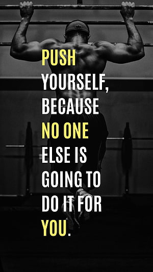 Black and White Gym Motivational Quote with Muscular Athlete Hanging from Pull-Up Bar HD phone wallpaper