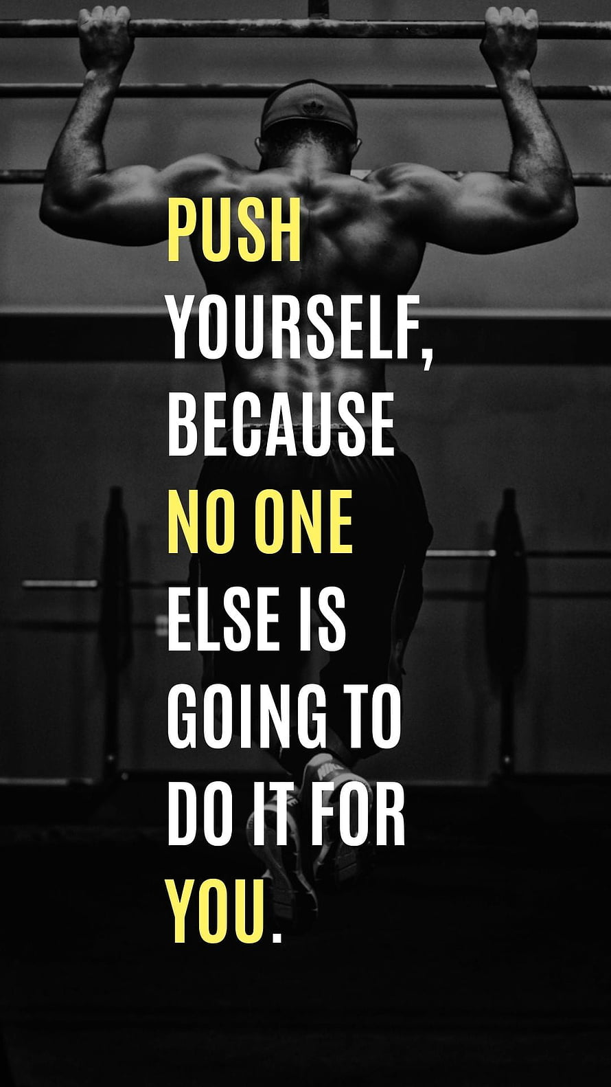 Black and White Gym Motivational Quote with Muscular Athlete Hanging from Pull-Up Bar HD phone wallpaper