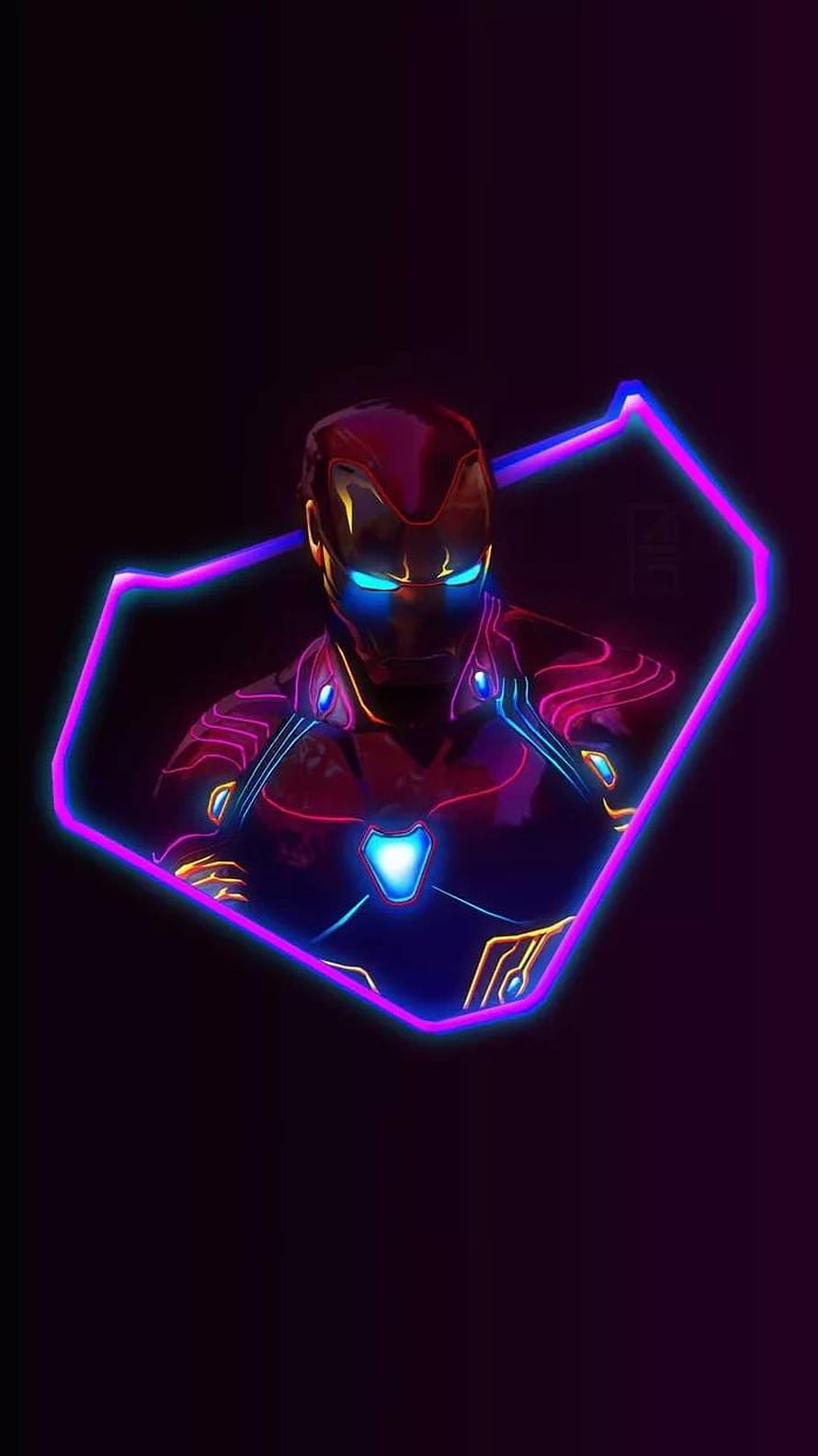 Iron Man Neon Glow Portrait with Hexagonal Frame and Dark Background HD phone wallpaper