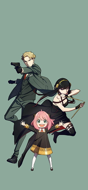 Spy x Family anime trio with Anya, Loid, and Yor in dynamic action poses on a muted green background HD phone wallpaper