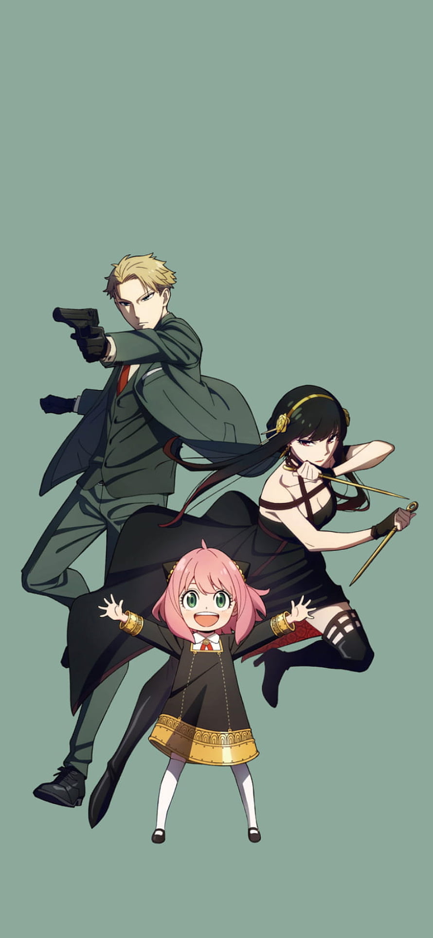 Spy x Family anime trio with Anya, Loid, and Yor in dynamic action poses on a muted green background HD phone wallpaper