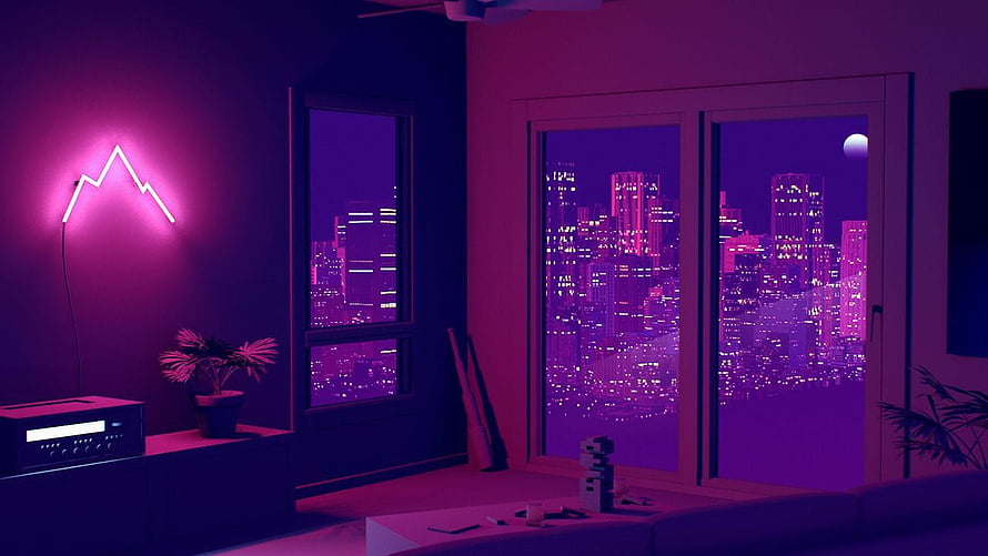 Purple Aesthetic Bedroom Interior with Neon Mountain Light and City Night View HD wallpaper