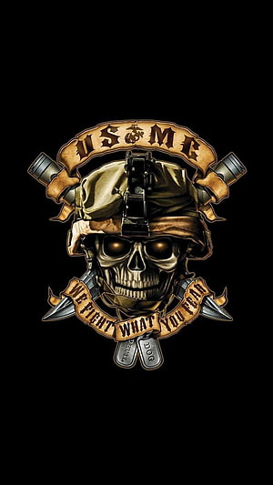 USMC Skull Warrior Emblem with Combat Helmet and Dog Tags on Black Background HD phone wallpaper