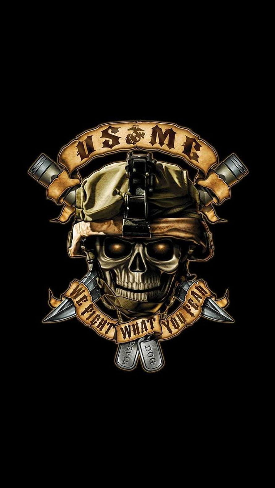 USMC Skull Warrior Emblem with Combat Helmet and Dog Tags on Black Background HD phone wallpaper
