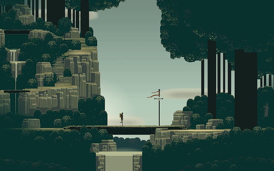 Atmospheric Pixel Art Landscape with Stone Cliffs and a Distant Figure on a Bridge HD wallpaper
