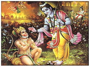 Ram and Hanuman in a Traditional Indian Mythological Painting, Ram Hanuman , #ram hanuman HD wallpaper